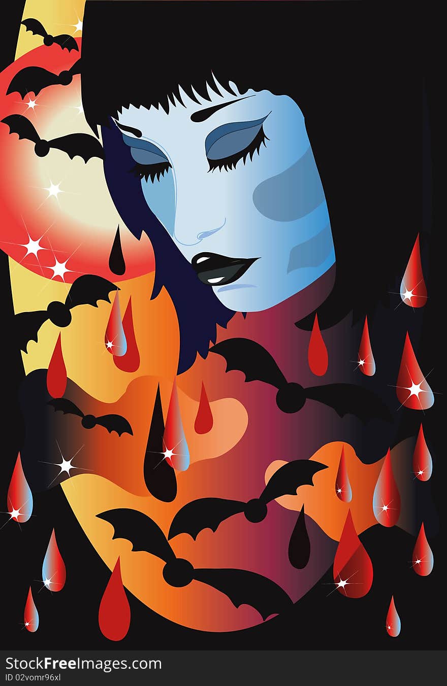 Halloween: background with face of a girl and bats. Halloween: background with face of a girl and bats..