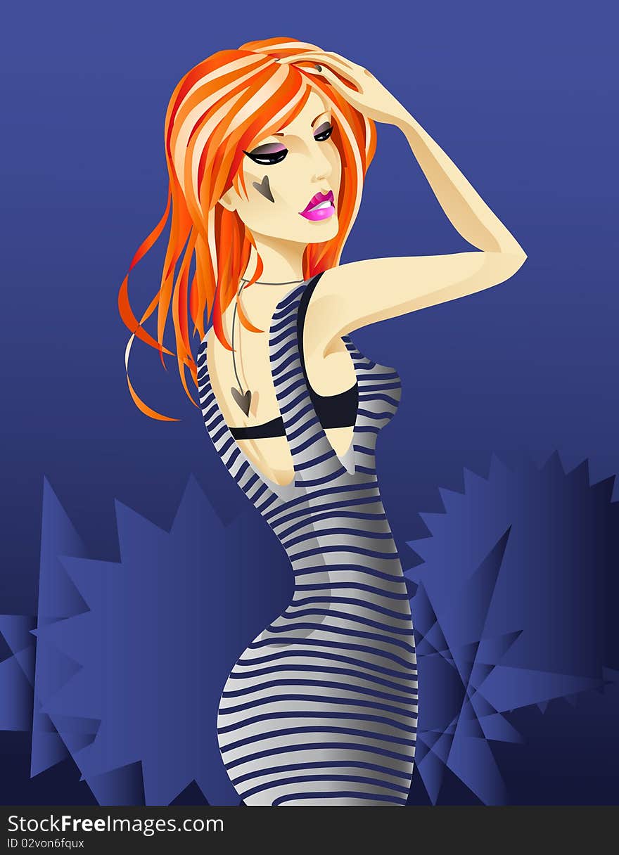 Redhead girl in striped. Vector illustration