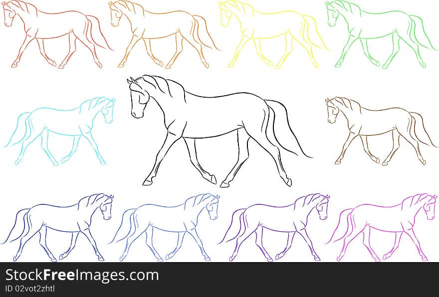 Fun looking rainbow illustration of light breed horses trotting. Fun looking rainbow illustration of light breed horses trotting.