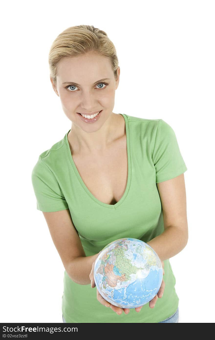 Young woman holding the globe in both hands. Young woman holding the globe in both hands