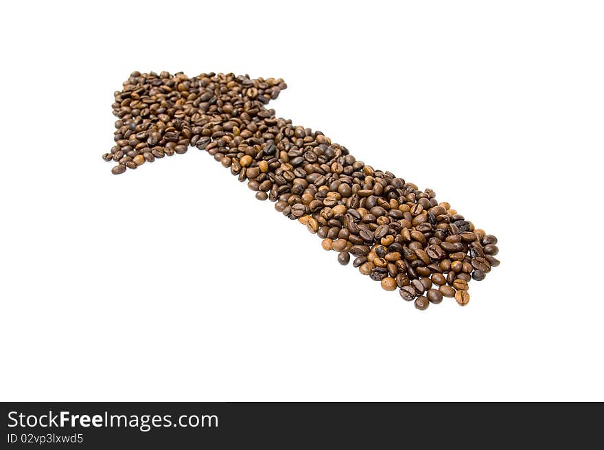 Arrow made of coffee beans isolated on white background