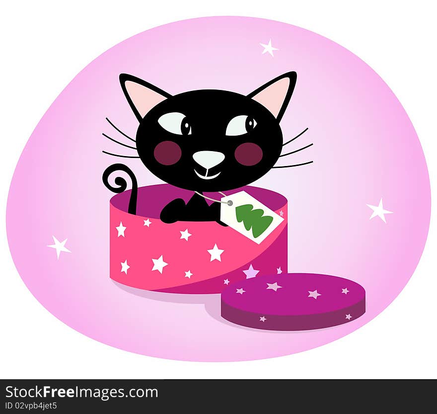 Christmas kitten as a present in gift box. Vector Illustration. Christmas kitten as a present in gift box. Vector Illustration.