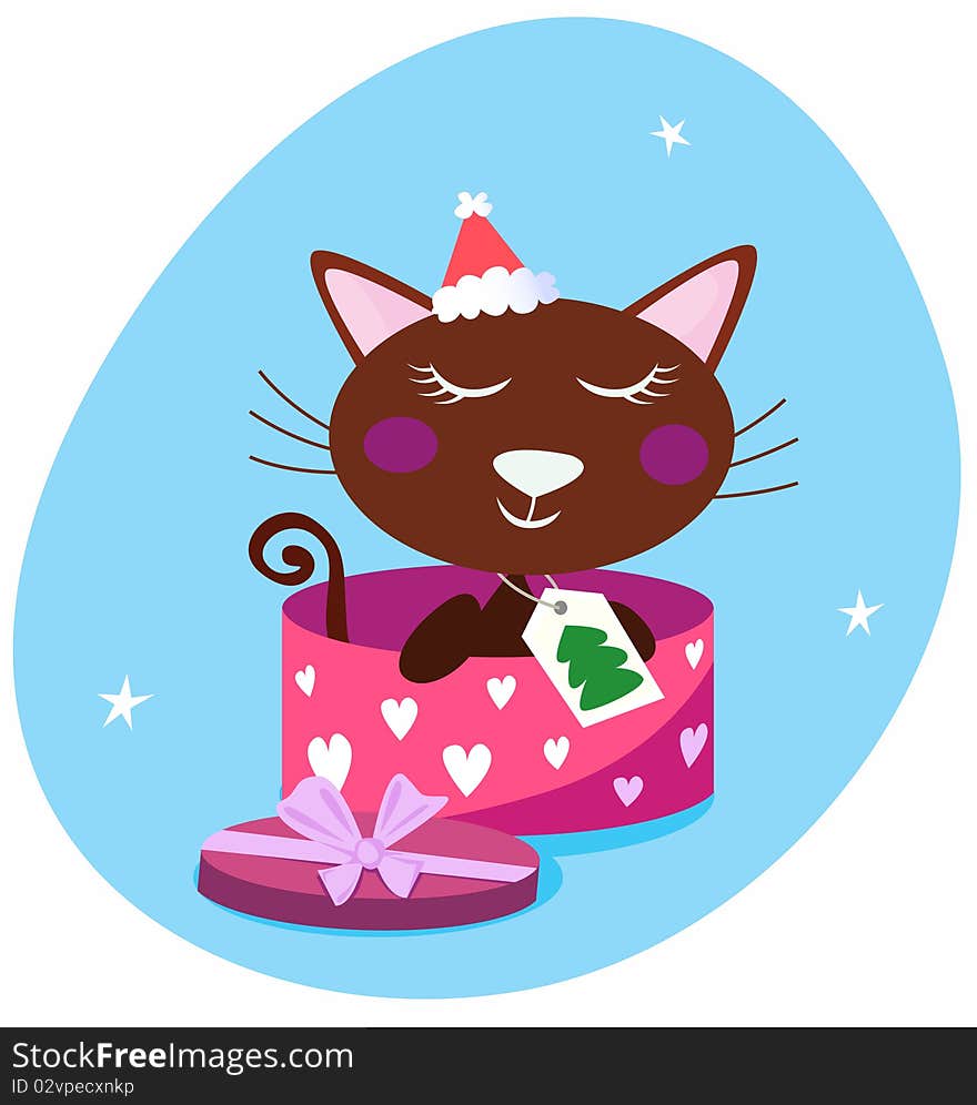 Christmas cat in pink gift box. Vector Illustration. Christmas cat in pink gift box. Vector Illustration.