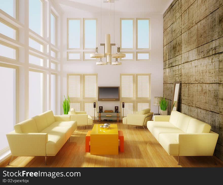 Modern interior room with white sofa