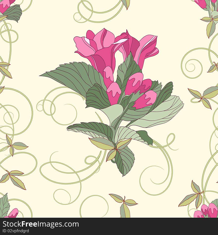 Pink flowers with tendrills, seamless pattern