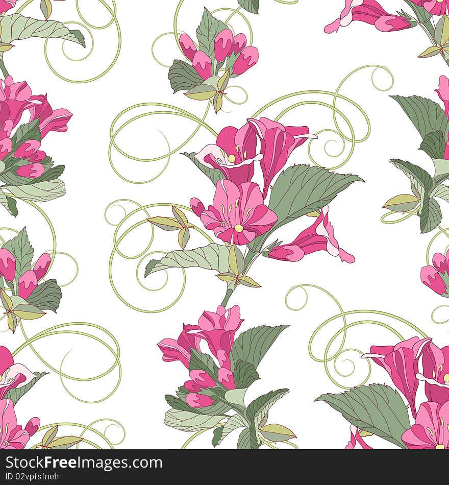 Pink flowers with tendrills, seamless pattern