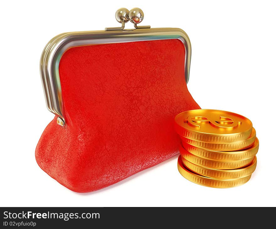 Gold coin and red purse on white isolated. Gold coin and red purse on white isolated