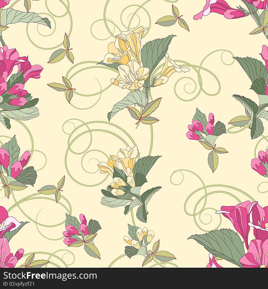 Pink flowers with tendrills, seamless pattern