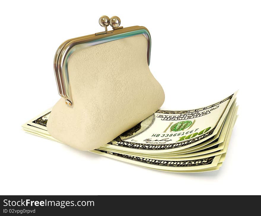 Money and white purse isolated