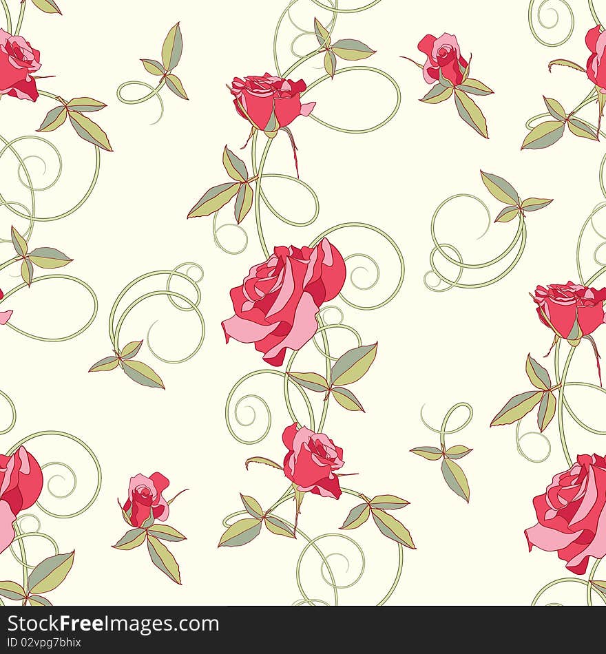 Seamless background of red roses, buds, tendrils