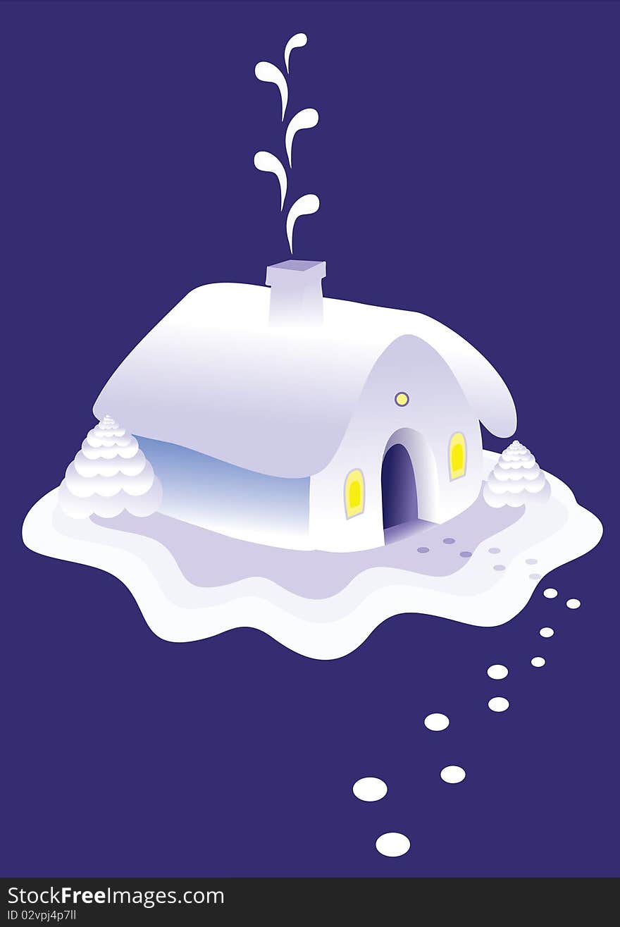 Winter house on a blue background