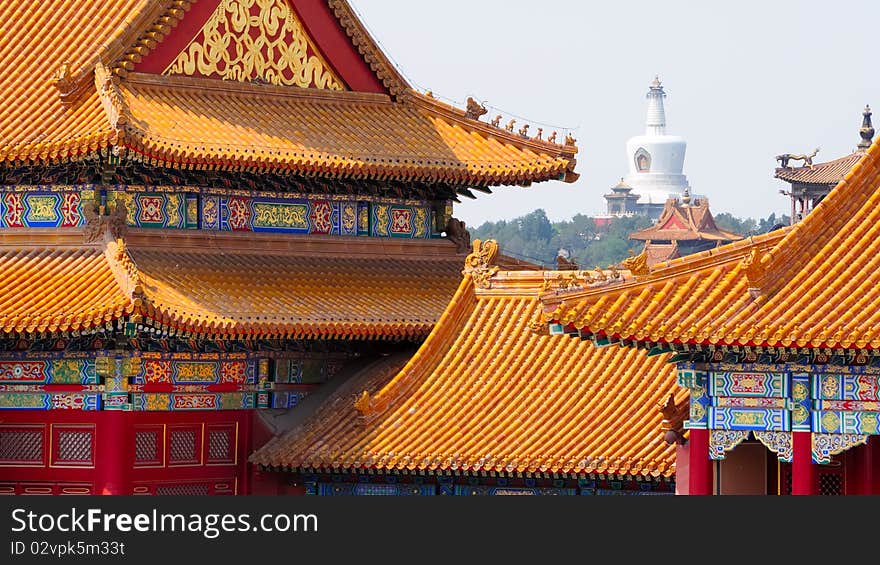 Detail of the ornaments on the walls of the buildings of the forbidden city with a pagoda in the background of the park Beihai. Detail of the ornaments on the walls of the buildings of the forbidden city with a pagoda in the background of the park Beihai