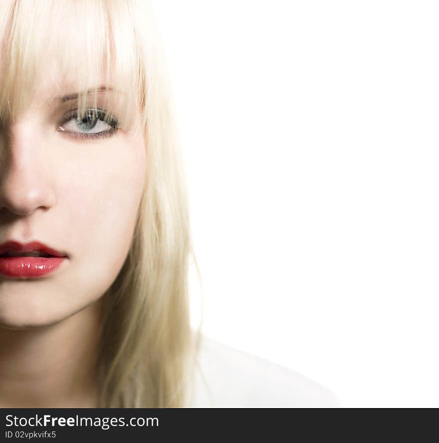 Beautiful blond woman (half face) isolated on white