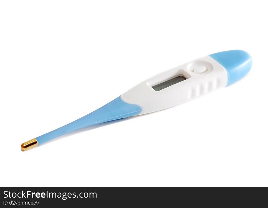 Digital white and blue thermometer with display isolated over white.