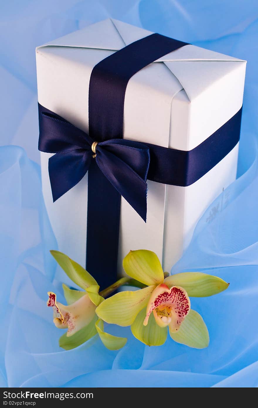 Gift and orchids in graceful folds of an organza. A romantic background.