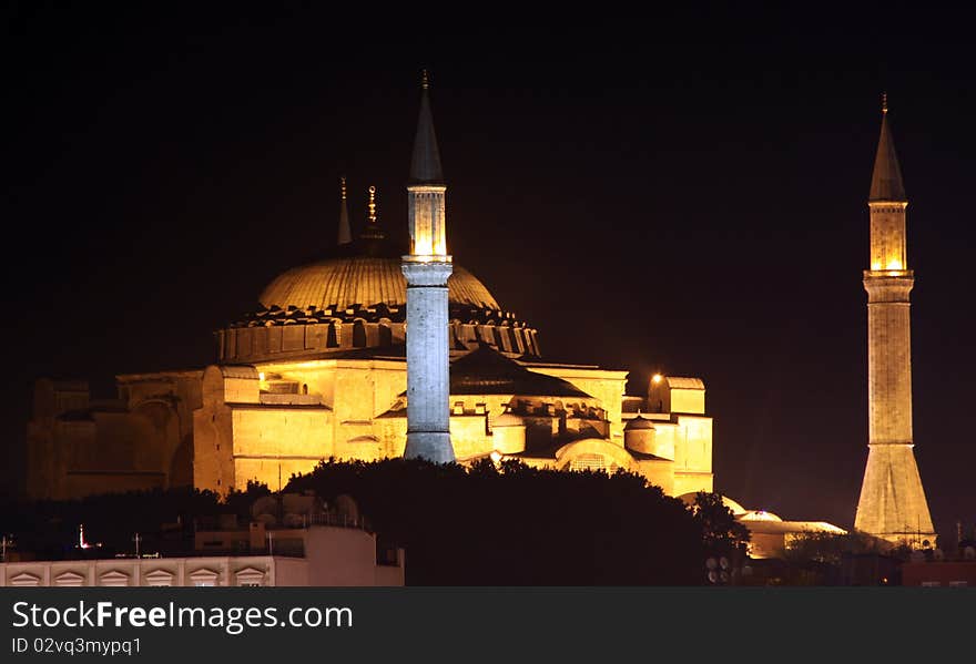 A view of Hagia Sophia at night in istanbul, Turkey. A view of Hagia Sophia at night in istanbul, Turkey.