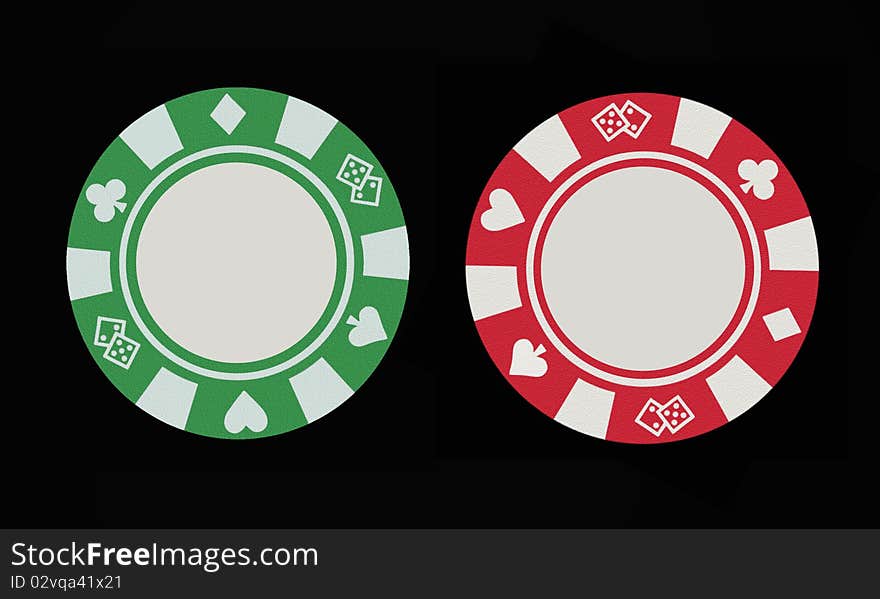 Two casino style gambling chips, green and red, against a clean black background. Two casino style gambling chips, green and red, against a clean black background