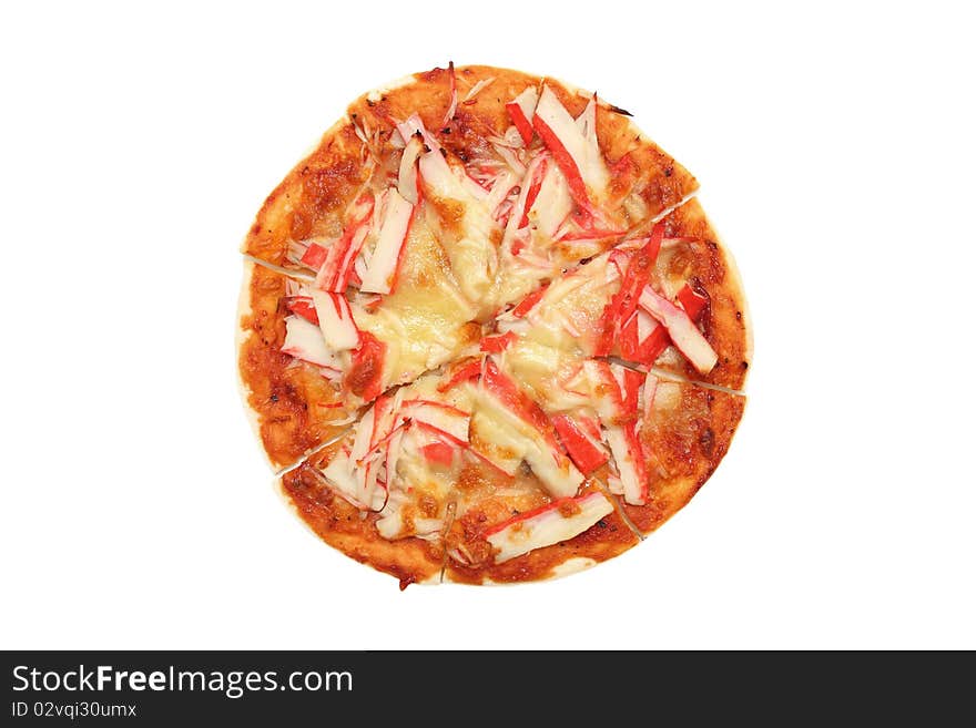 Close up of a crab meat pizza isolated on white background.