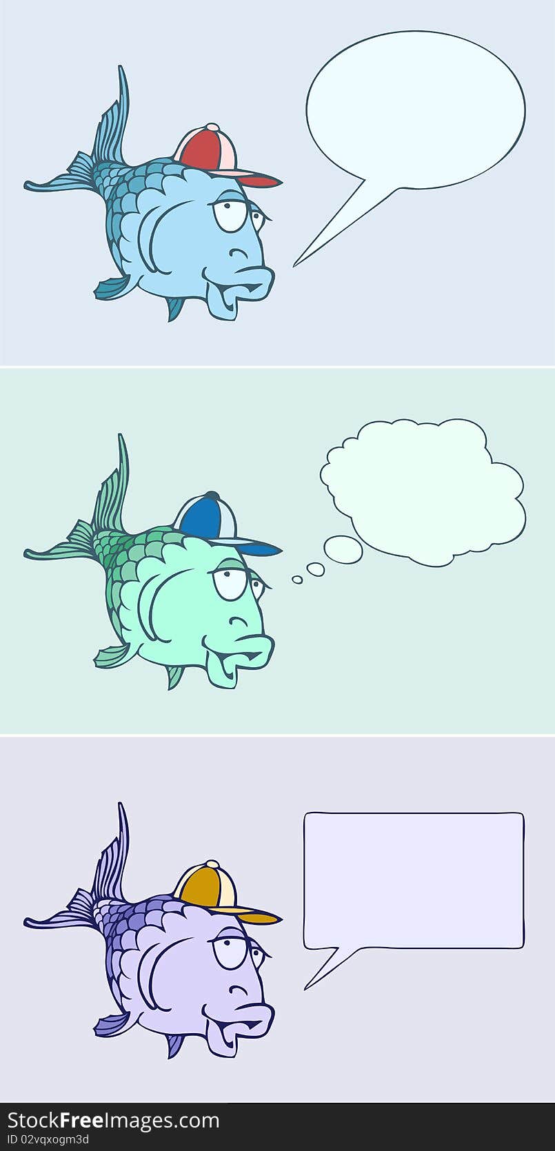 Three illustration of a funny cartoon character fish