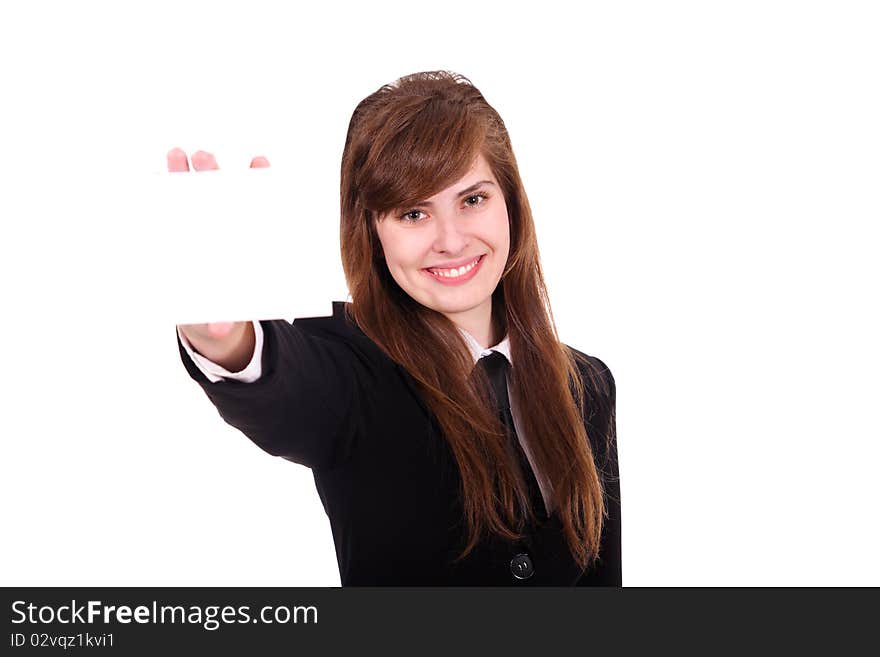 Young business woman with business card on a white background. Young business woman with business card on a white background