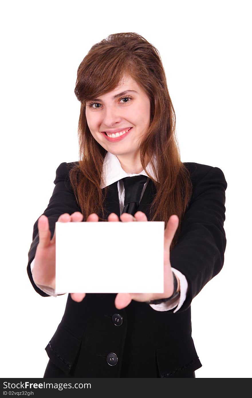 Young business woman with business card on a white background. Young business woman with business card on a white background