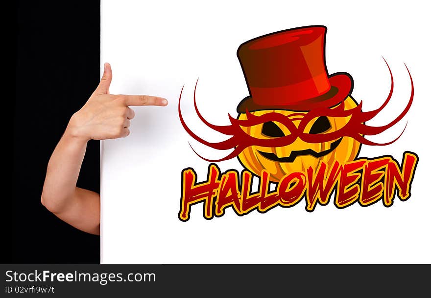 Woman hand pointing to halloween sign