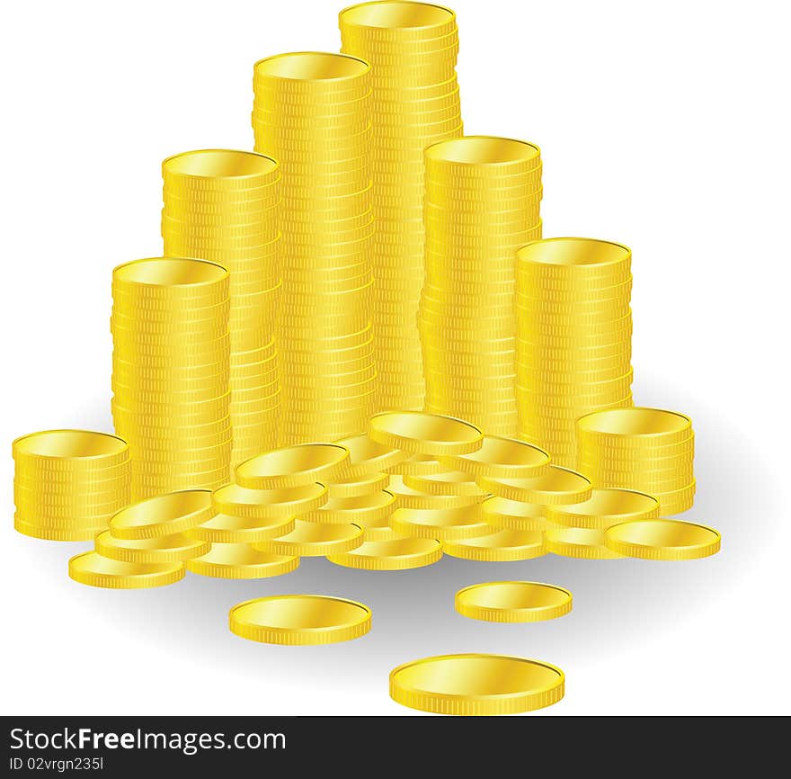 Golden coins with money symbol on white background, illustration. Golden coins with money symbol on white background, illustration