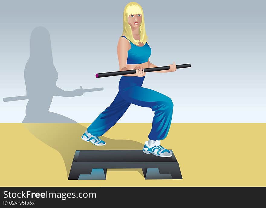 Vector illustration about aerobics and fitness
pretty girl doing exercises with the body bar and the step