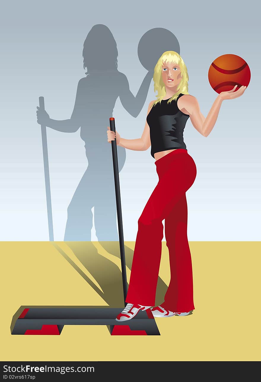 Vector illustration about aerobics and fitness
pretty girl doing exercises with the body bar, the ball and the step. Vector illustration about aerobics and fitness
pretty girl doing exercises with the body bar, the ball and the step