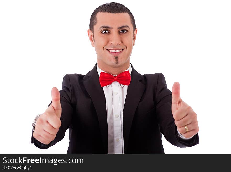 Half length of successful business man with thumbs up on a white background