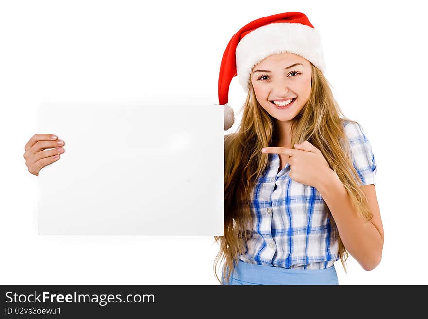 Santa women pointing at the white board on a isolated background