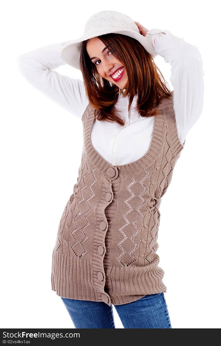 Side pose of a young model smiling on a white background. Side pose of a young model smiling on a white background