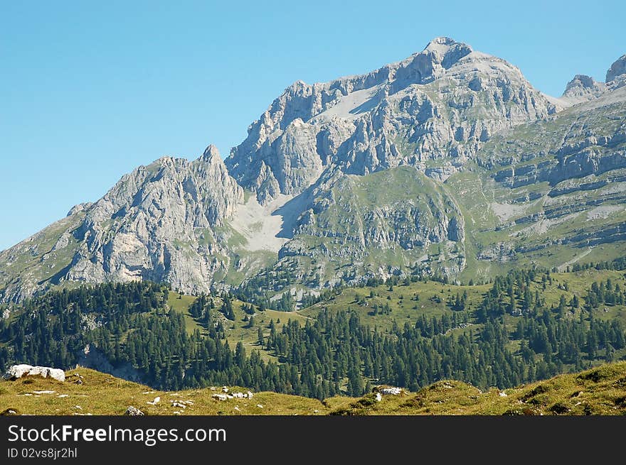 Rocky mountains in national park Adamello, Brenta Dolomites in summer. Rocky mountains in national park Adamello, Brenta Dolomites in summer.