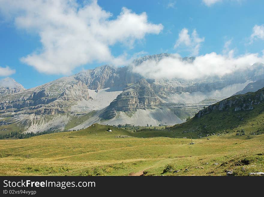 Rocky mountains in national park Adamello, Brenta Dolomites in summer. Rocky mountains in national park Adamello, Brenta Dolomites in summer.