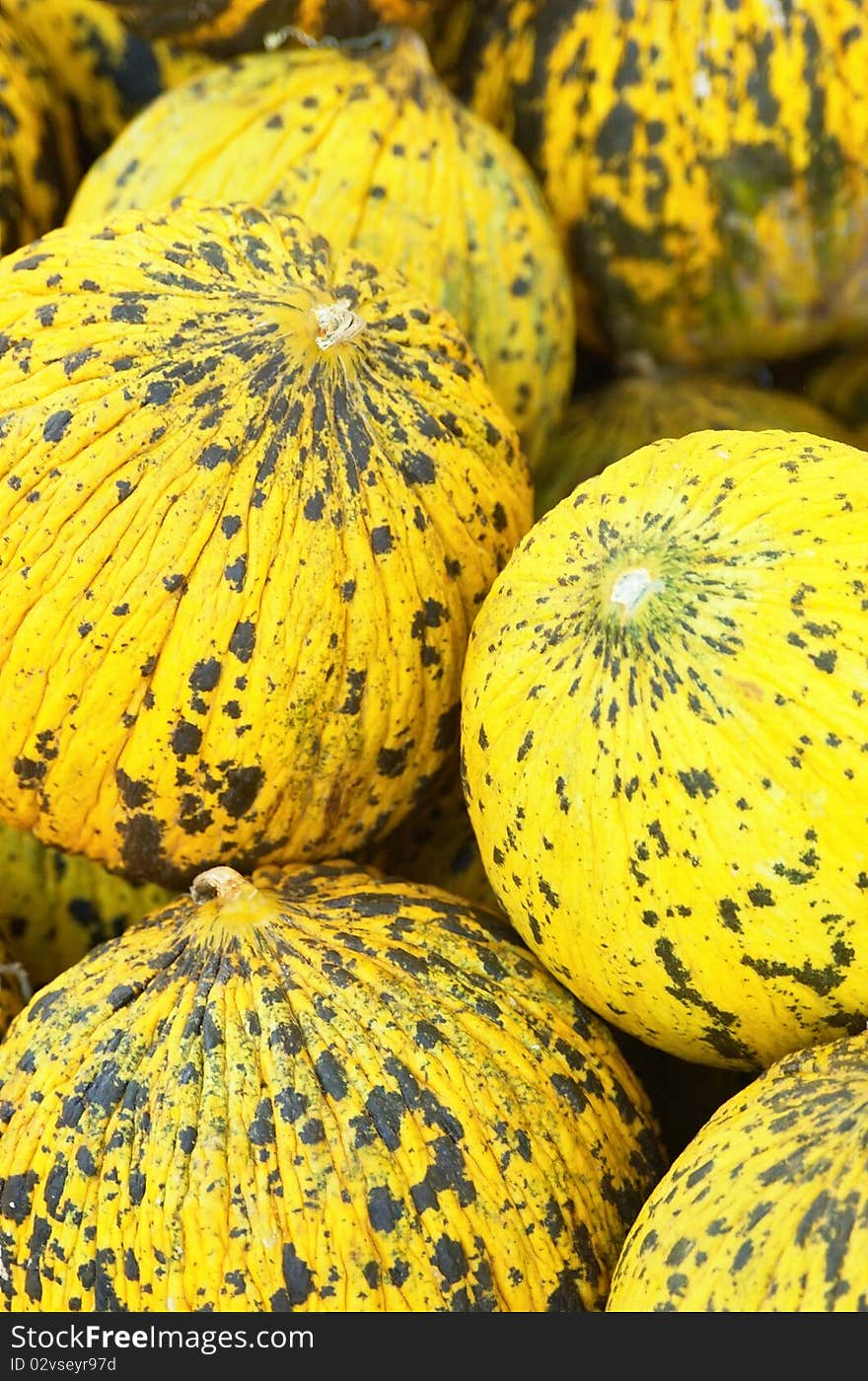 Many ripe and appetizing melons close up