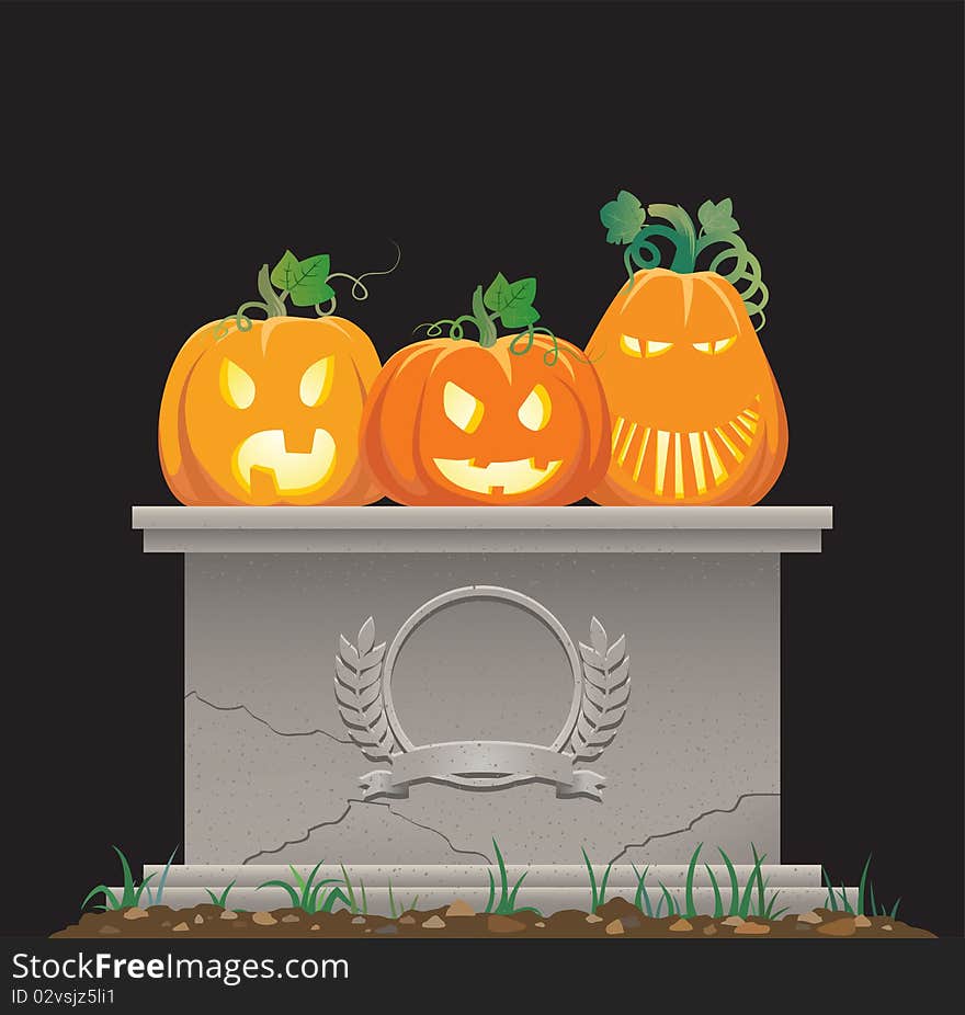 Color  image of Halloween pumpkins on the old tombstone. Color  image of Halloween pumpkins on the old tombstone