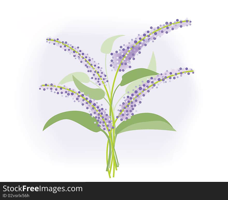 Abstract purple flower illustration with decorative leaves