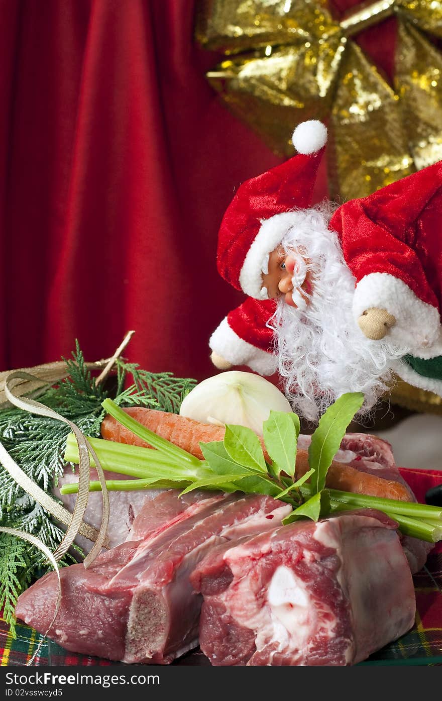 Composition with meat for the Christmas holidays in supermarkets and shops. Composition with meat for the Christmas holidays in supermarkets and shops