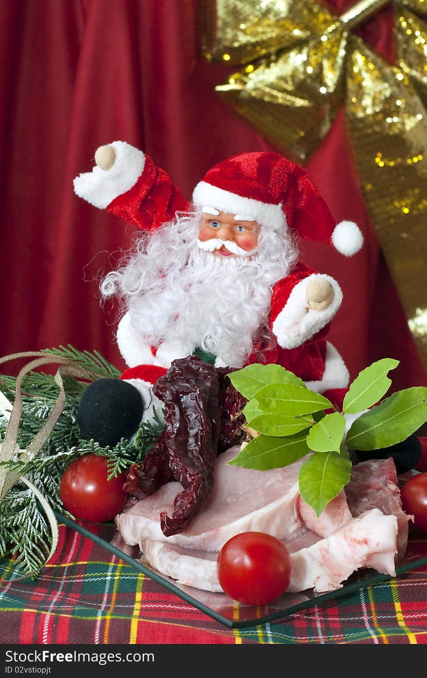 Composition with meat for the Christmas holidays in supermarkets and shops. Composition with meat for the Christmas holidays in supermarkets and shops