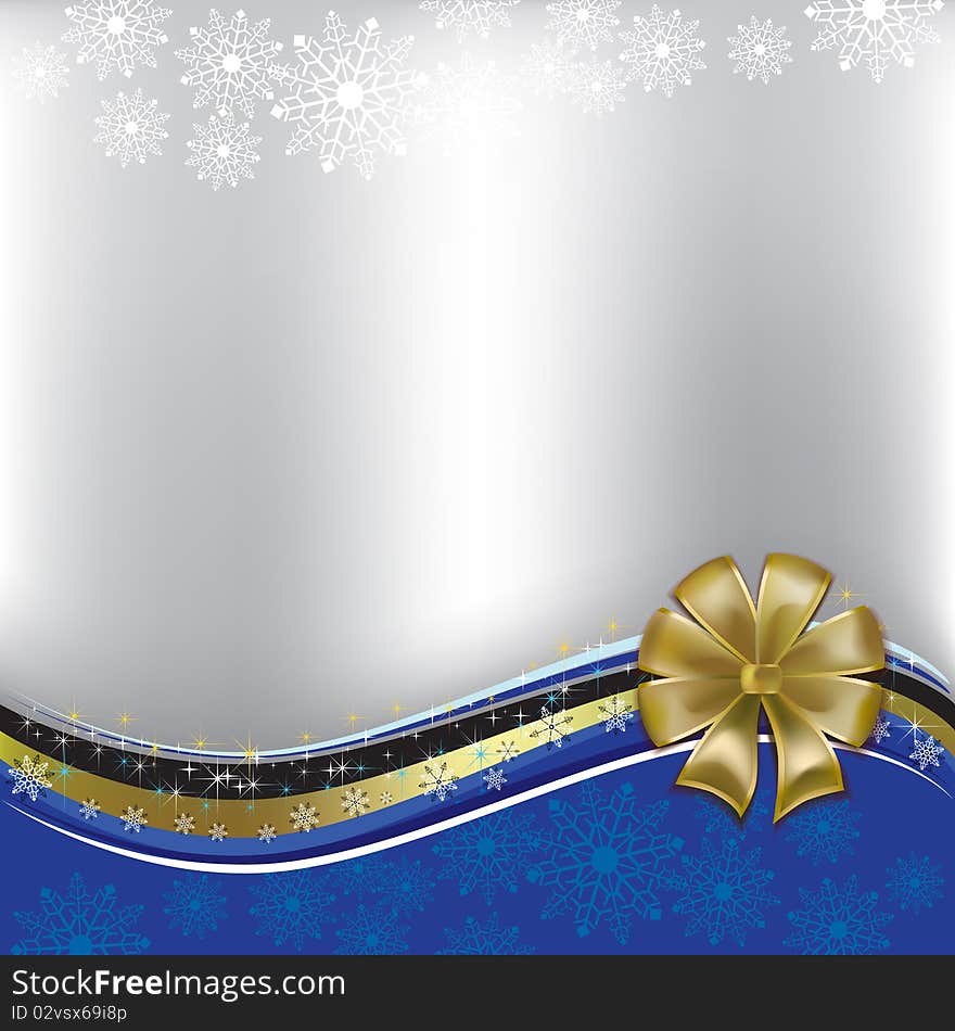 Christmas greeting gold bow on silver background