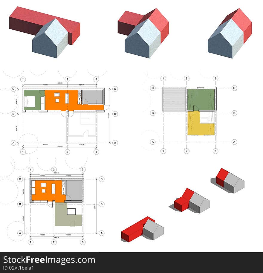 Drawing: 3d, plans and facade of the living house, cottage. Drawing: 3d, plans and facade of the living house, cottage