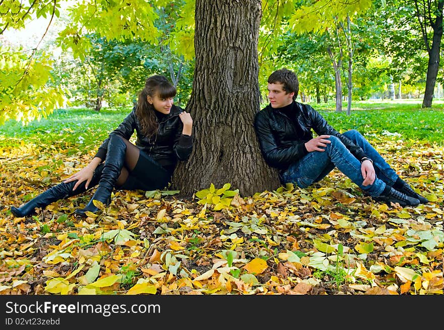 The enamoured sit on leaves in autumn park. The enamoured sit on leaves in autumn park