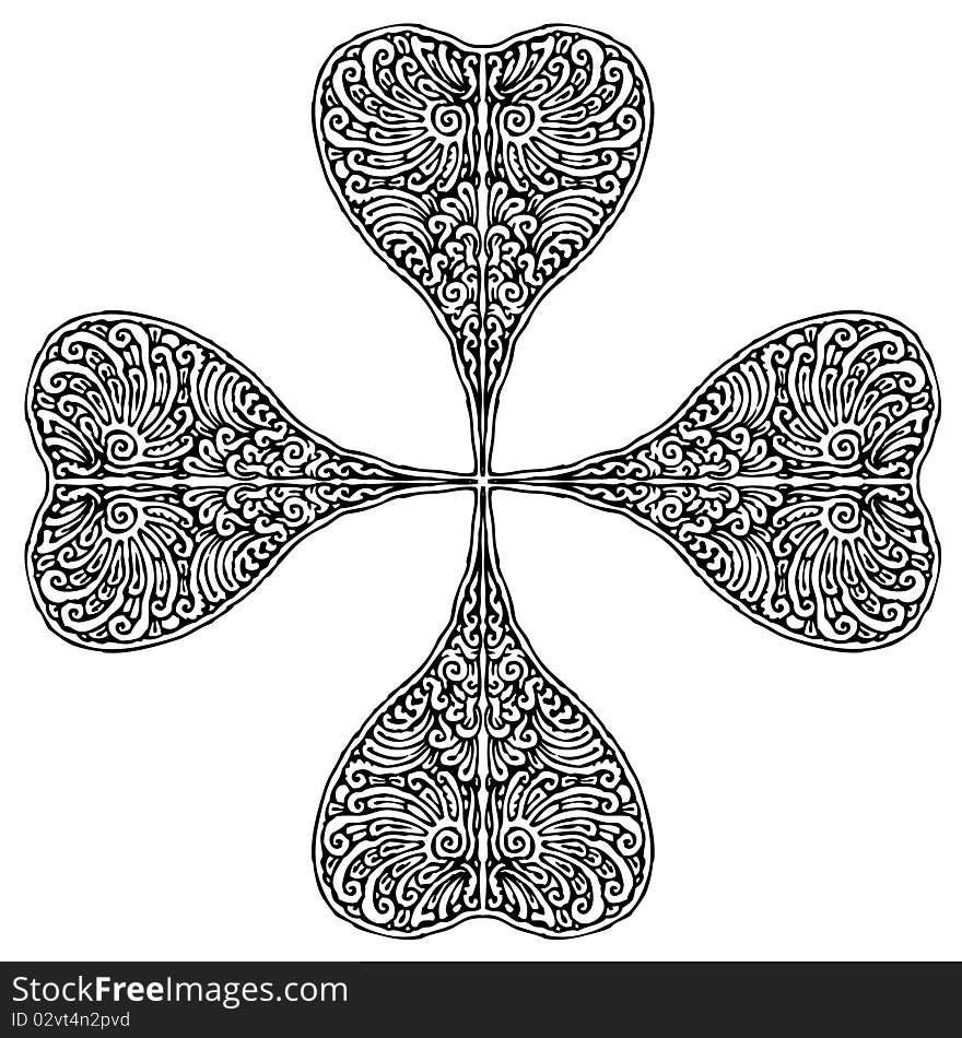 Black and white detailed drawing of four leaf clover. Black and white detailed drawing of four leaf clover