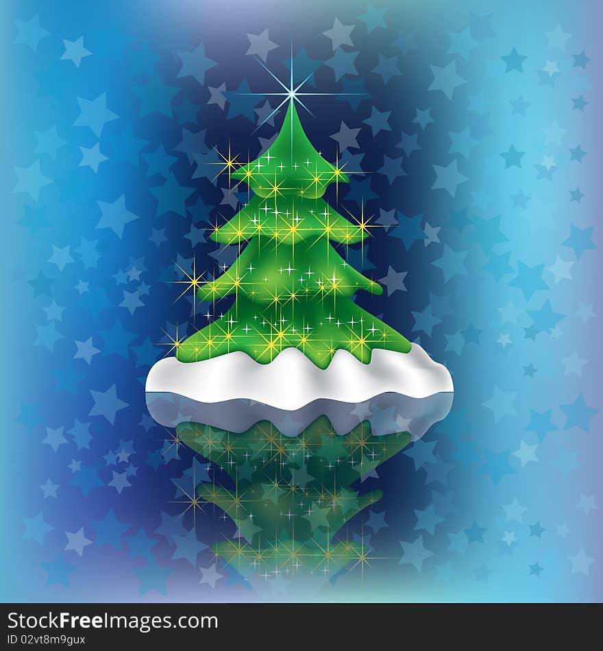 Christmas tree on blue stars background