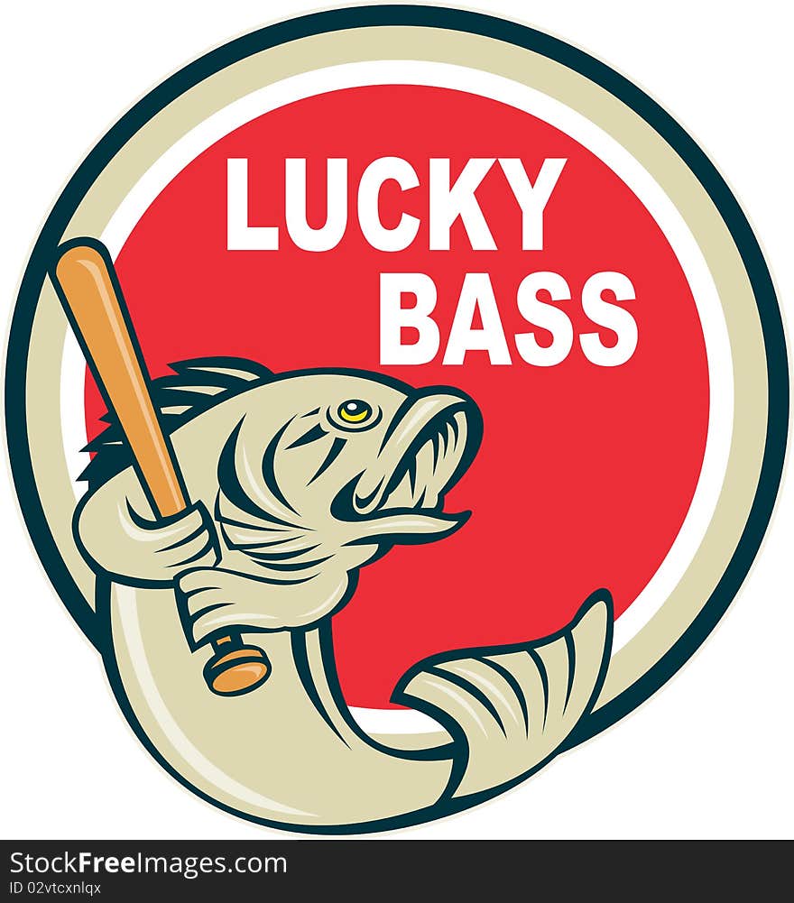 Illustration of a Bass with baseball bat and wording lucky bass inside circle done in retro style