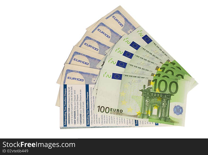 Travel cheques 100 euro each and 100 euro bills. Travel cheques 100 euro each and 100 euro bills.