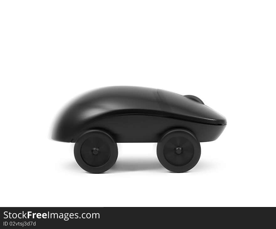 A computer mouse on wheels isolated against a white background