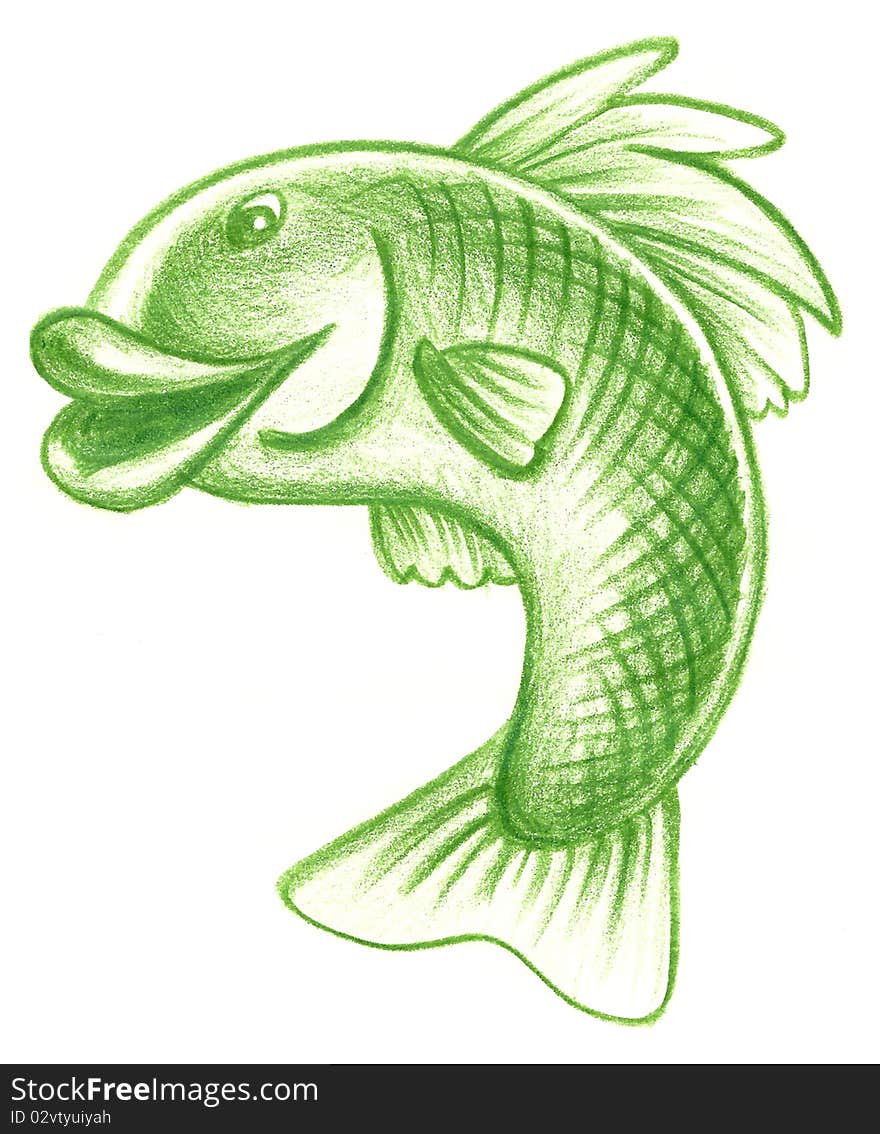 Hand drawn illustration of a green leaping fish. Hand drawn illustration of a green leaping fish