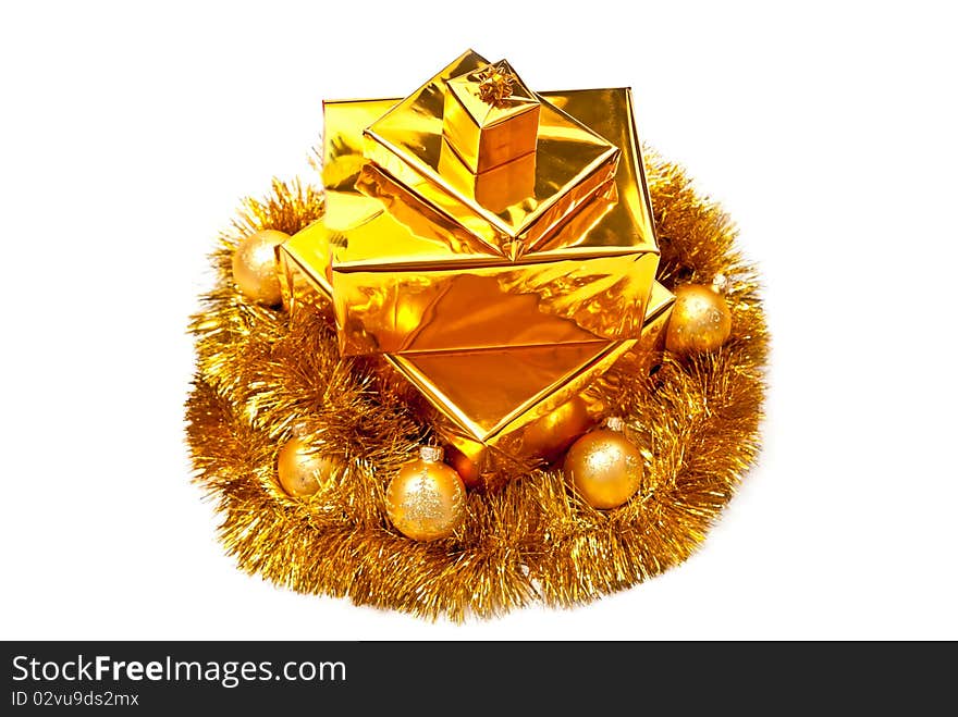 Yellow gifts boxes with christmas balls. Isolated on white. Yellow gifts boxes with christmas balls. Isolated on white