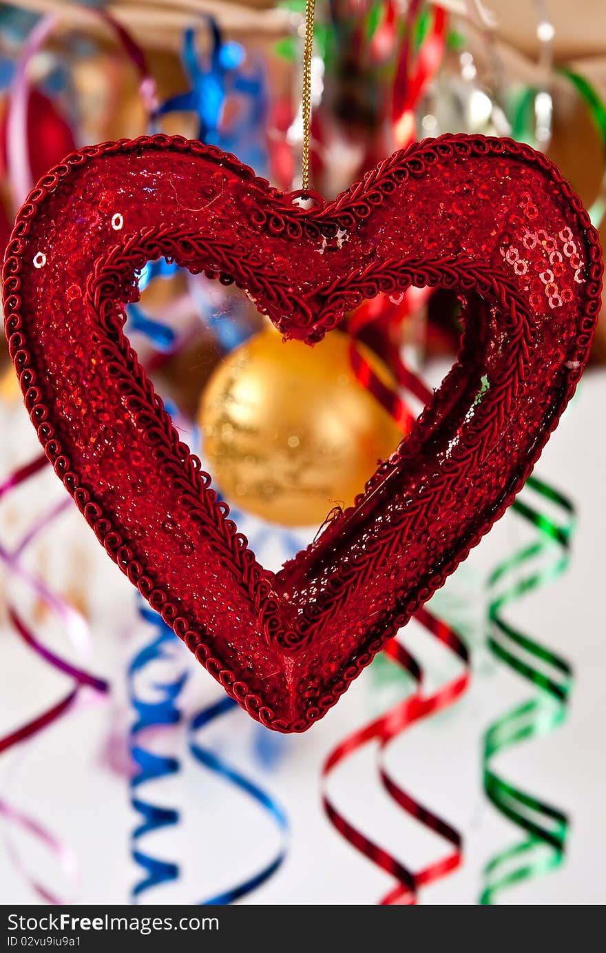 Christmas baubles and ribbons. Studio shot. Christmas baubles and ribbons. Studio shot